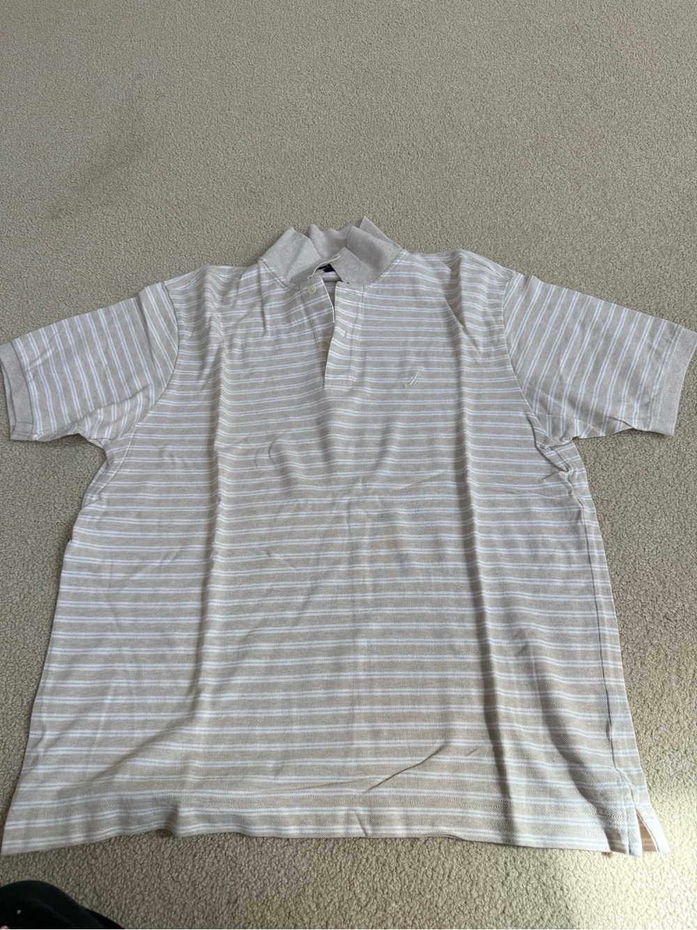 Nautica Men's Short-Sleeve Polo in Light Beige and White Stripe